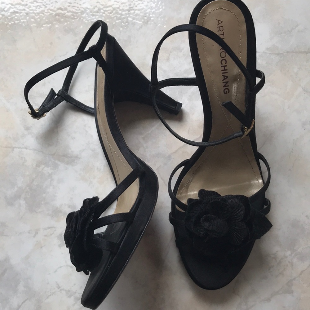 COPY - Arturo Chiang black slight platform satin sandals with velvet rosettes E…